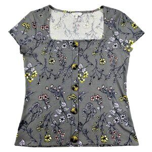 Candies Womans Knit Top Grey Floral Print Square Neckline size M  ..  JH1056